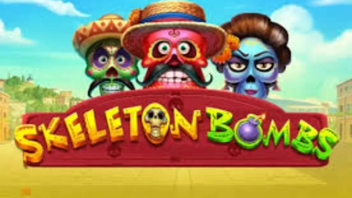 Cena vibrante do jogo de slot Skeleton Bombs com caveiras decoradas e elementos festivos mexicanos.