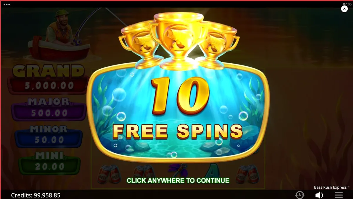 Interface do jogo de slot Bass Rush Express com tema de pesca
